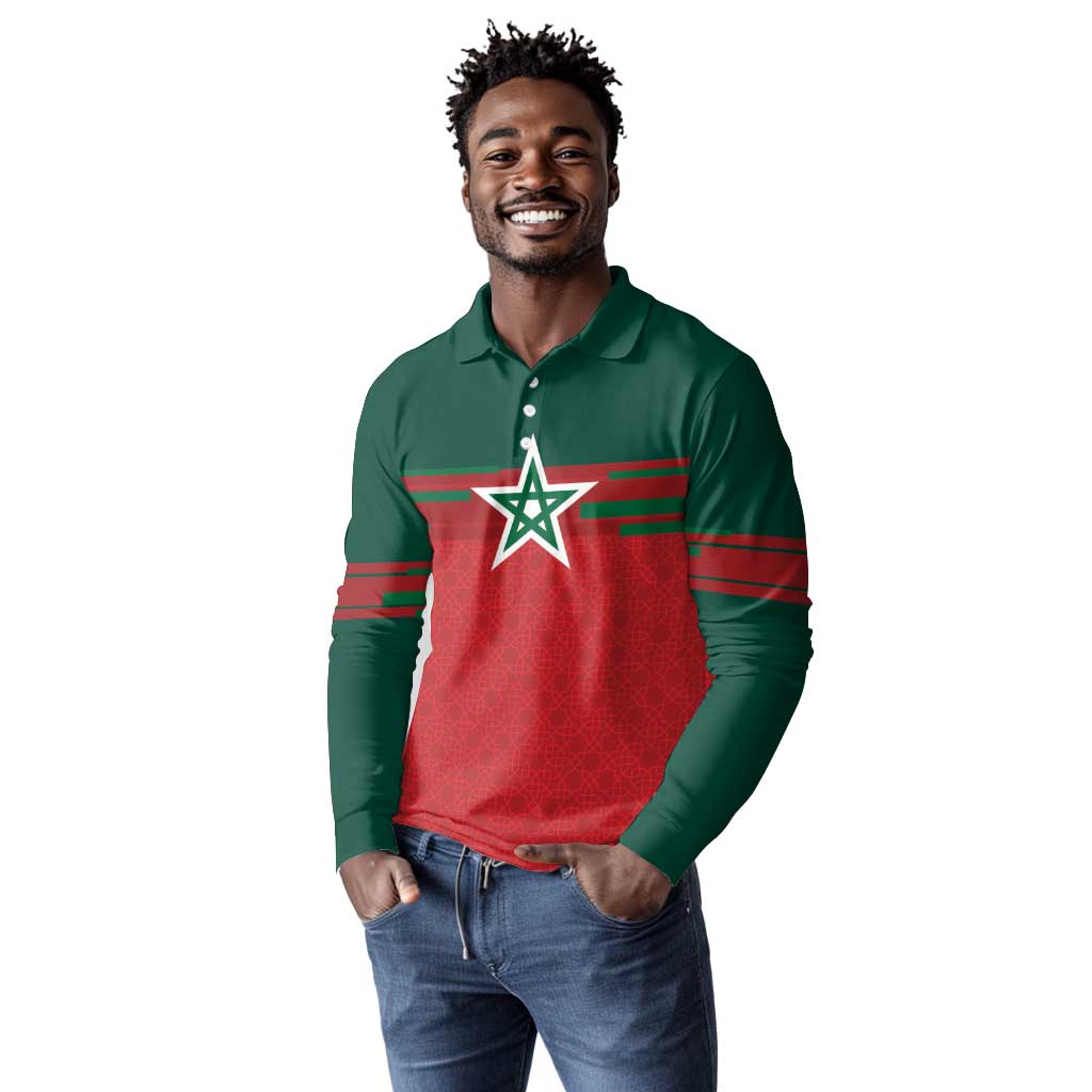 World Football 2026 Morocco Custom Long Sleeve Polo Shirt African Geometric Red Pattern - African Pride