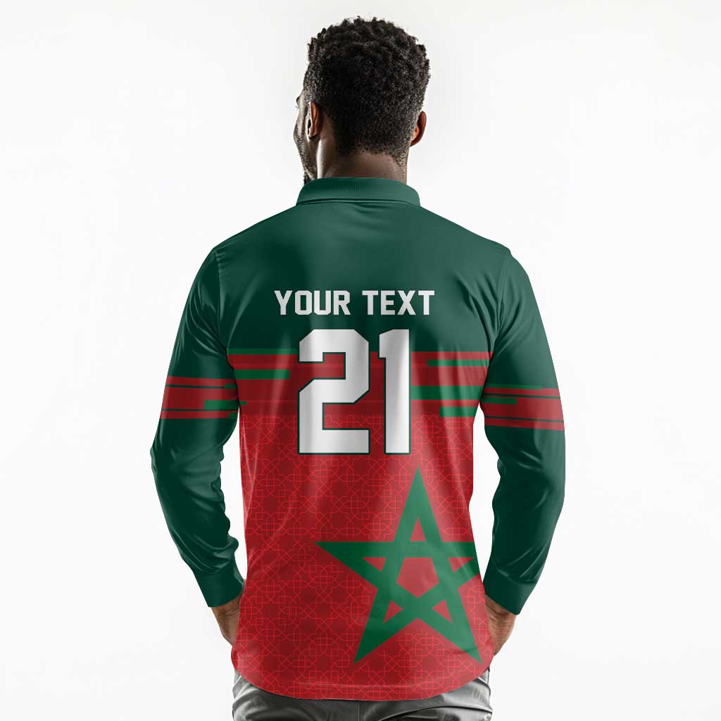 World Football 2026 Morocco Custom Long Sleeve Polo Shirt African Geometric Red Pattern - African Pride