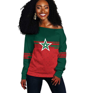 World Football 2026 Morocco Custom Off Shoulder Sweater African Geometric Red Pattern - African Pride