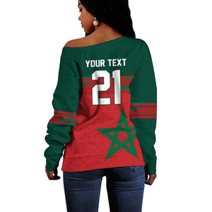 World Football 2026 Morocco Custom Off Shoulder Sweater African Geometric Red Pattern - African Pride