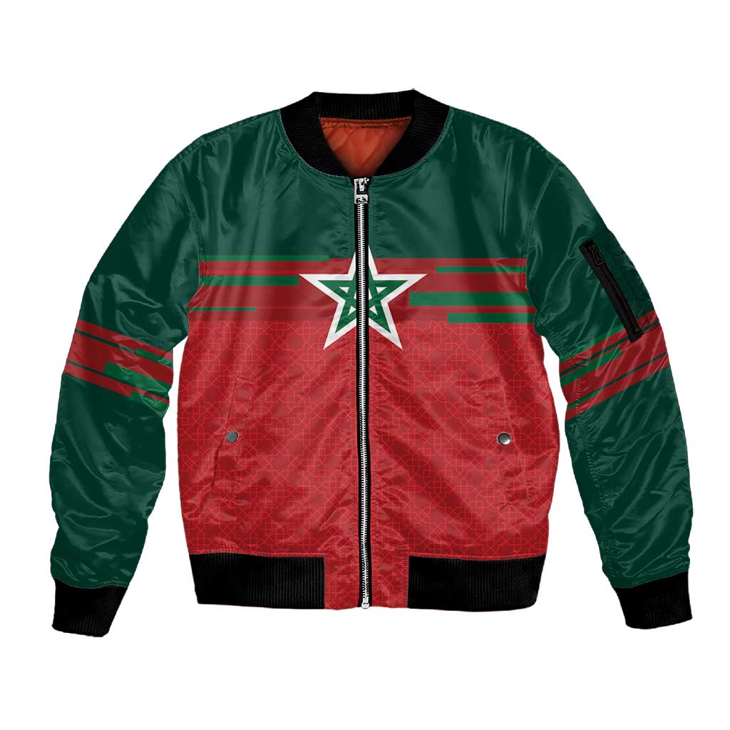 World Football 2026 Morocco Custom Sleeve Zip Bomber Jacket African Geometric Red Pattern - African Pride
