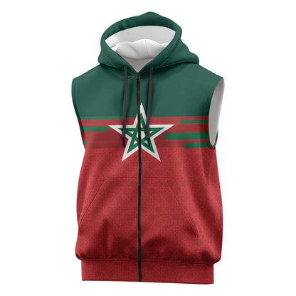 World Football 2026 Morocco Custom Sleeveless Zip Hoodie African Geometric Red Pattern - African Pride
