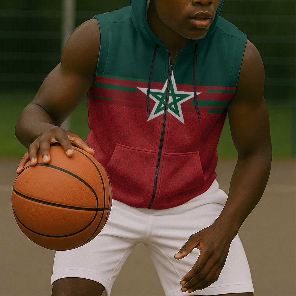 World Football 2026 Morocco Custom Sleeveless Zip Hoodie African Geometric Red Pattern - African Pride