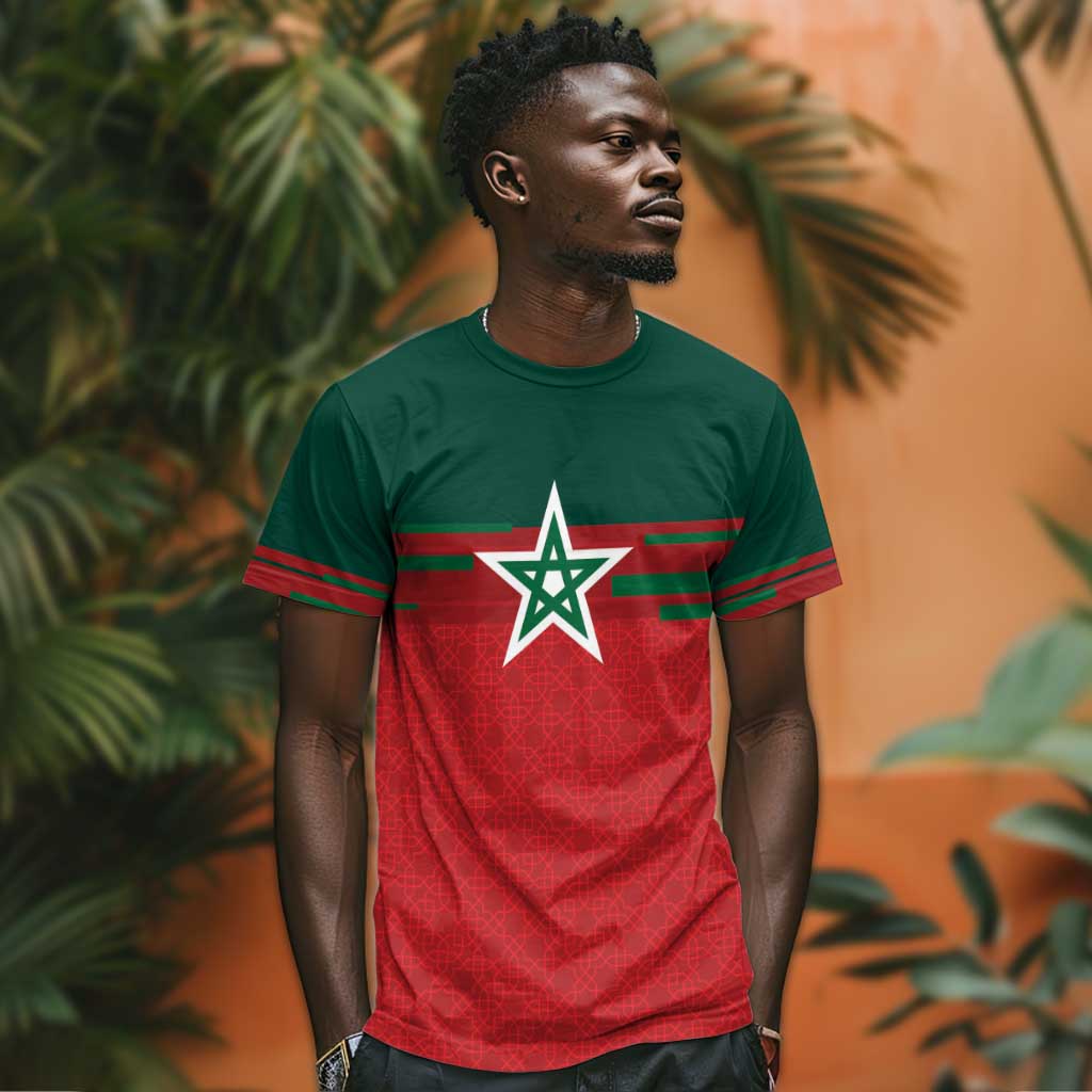 World Football 2026 Morocco Custom T shirt African Geometric Red Pattern - African Pride