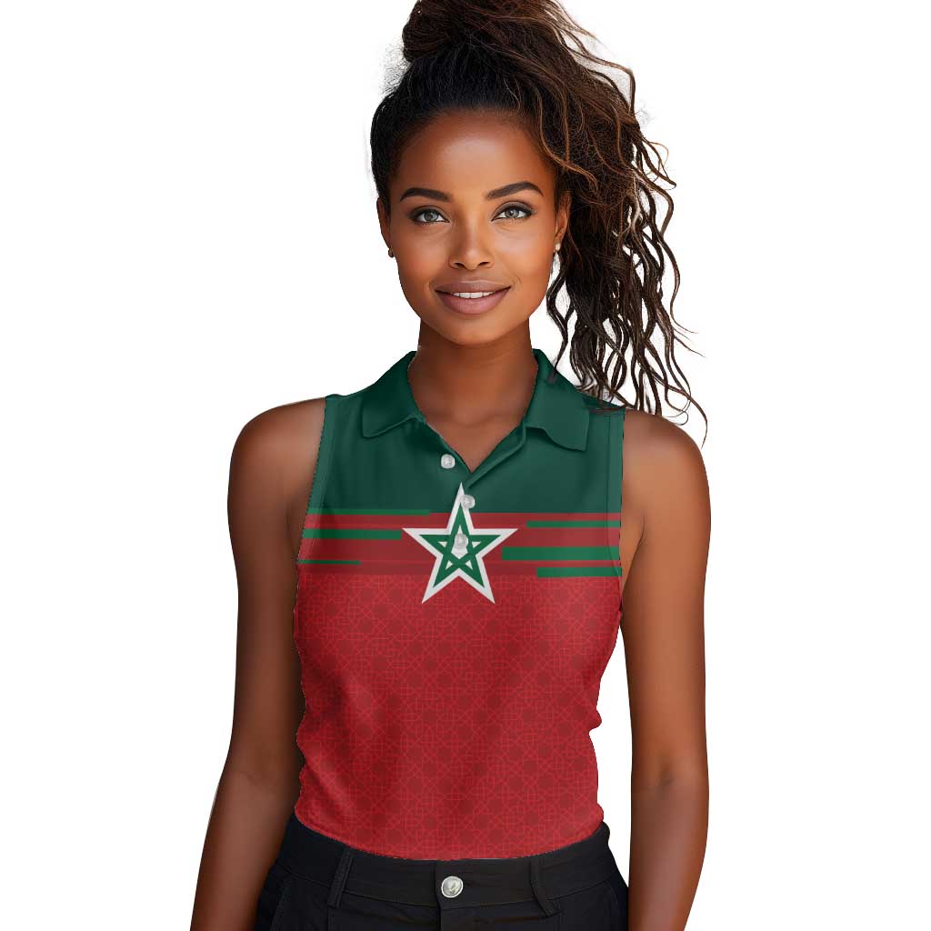 World Football 2026 Morocco Custom Women Sleeveless Polo Shirt African Geometric Red Pattern - African Pride