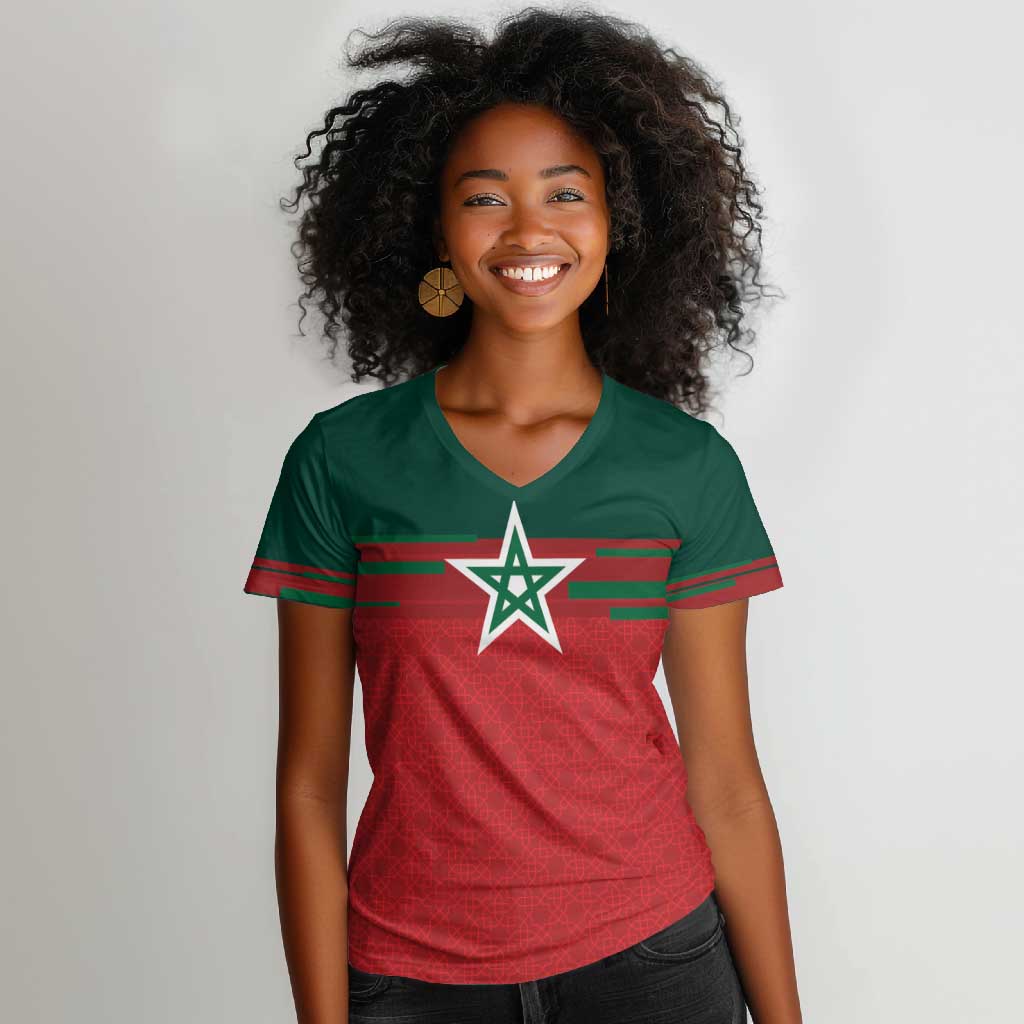 World Football 2026 Morocco Custom Women V-Neck T-Shirt African Geometric Red Pattern - African Pride