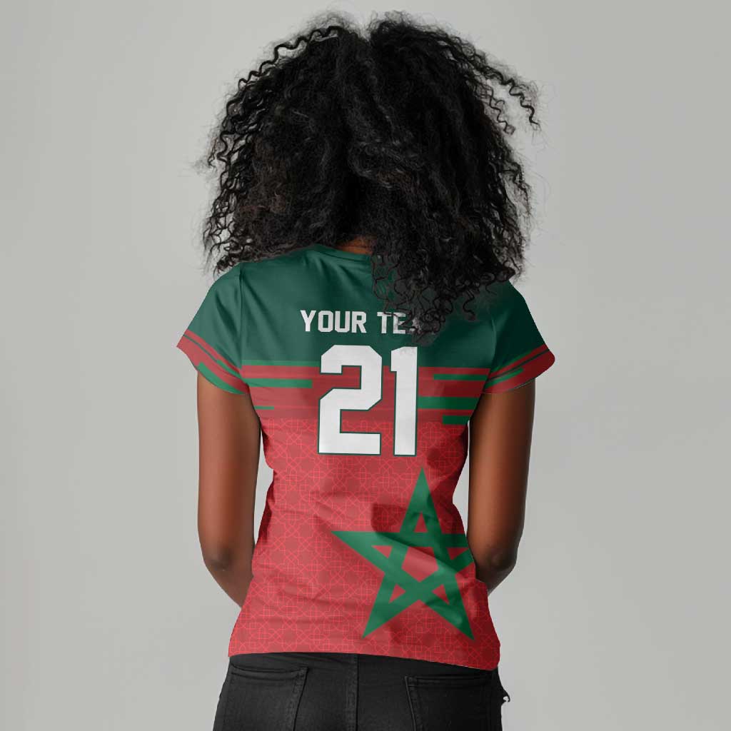 World Football 2026 Morocco Custom Women V-Neck T-Shirt African Geometric Red Pattern - African Pride