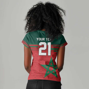 World Football 2026 Morocco Custom Women V-Neck T-Shirt African Geometric Red Pattern - African Pride