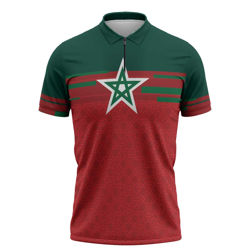 World Football 2026 Morocco Custom Zipper Polo Shirt African Geometric Red Pattern - African Pride