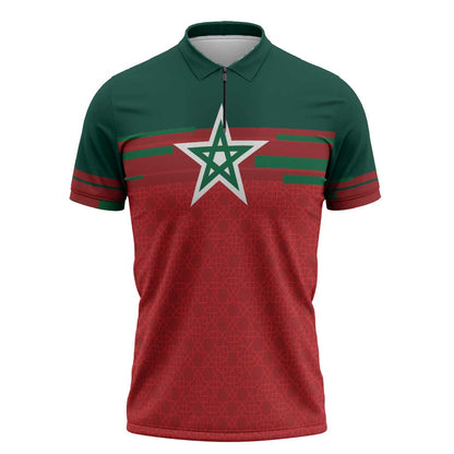 World Football 2026 Morocco Custom Zipper Polo Shirt African Geometric Red Pattern - African Pride