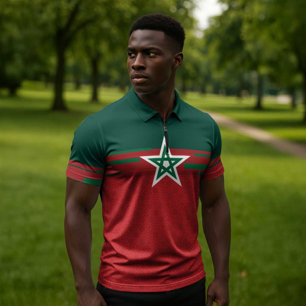 World Football 2026 Morocco Custom Zipper Polo Shirt African Geometric Red Pattern - African Pride