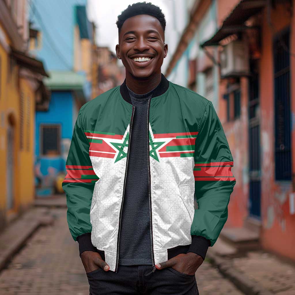 World Football 2026 Morocco Custom Bomber Jacket African Geometric White Pattern - African Pride