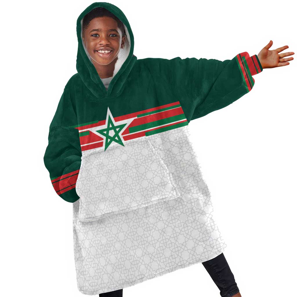 World Football 2026 Morocco Custom Kid Wearable Blanket Hoodie African Geometric White Pattern - African Pride