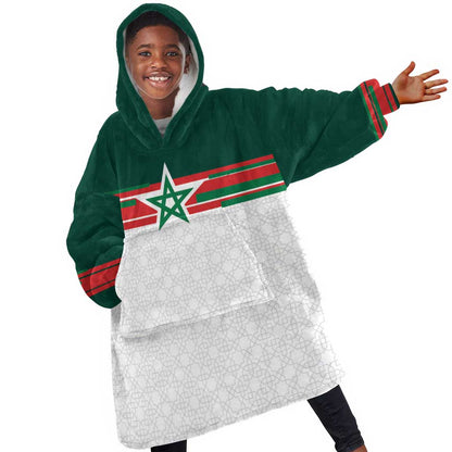 World Football 2026 Morocco Custom Kid Wearable Blanket Hoodie African Geometric White Pattern - African Pride