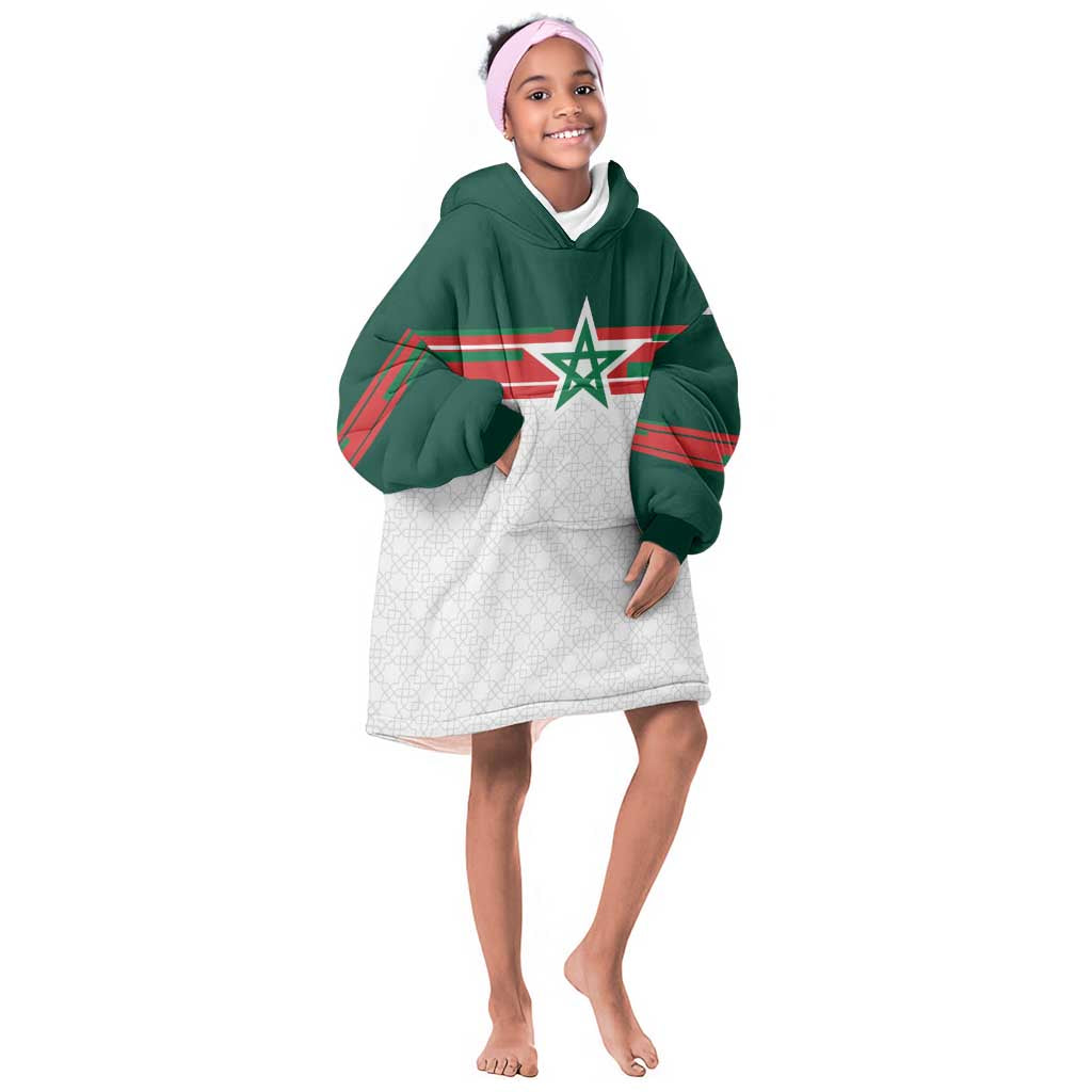 World Football 2026 Morocco Custom Kid Wearable Blanket Hoodie African Geometric White Pattern - African Pride