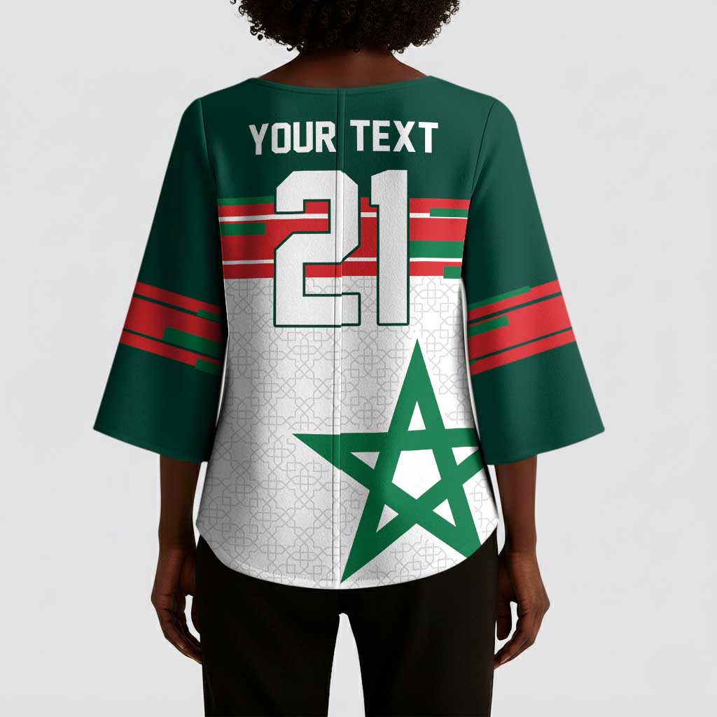World Football 2026 Morocco Custom Kimono Sleeve Blouse African Geometric White Pattern - African Pride