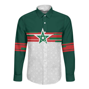 World Football 2026 Morocco Custom Long Sleeve Button Shirt African Geometric White Pattern - African Pride