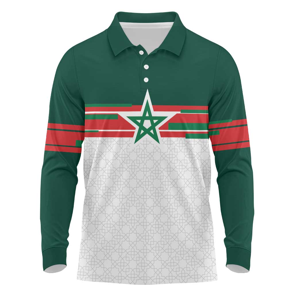 World Football 2026 Morocco Custom Long Sleeve Polo Shirt African Geometric White Pattern - African Pride
