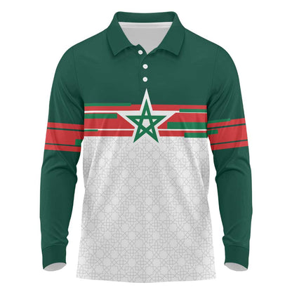 World Football 2026 Morocco Custom Long Sleeve Polo Shirt African Geometric White Pattern - African Pride
