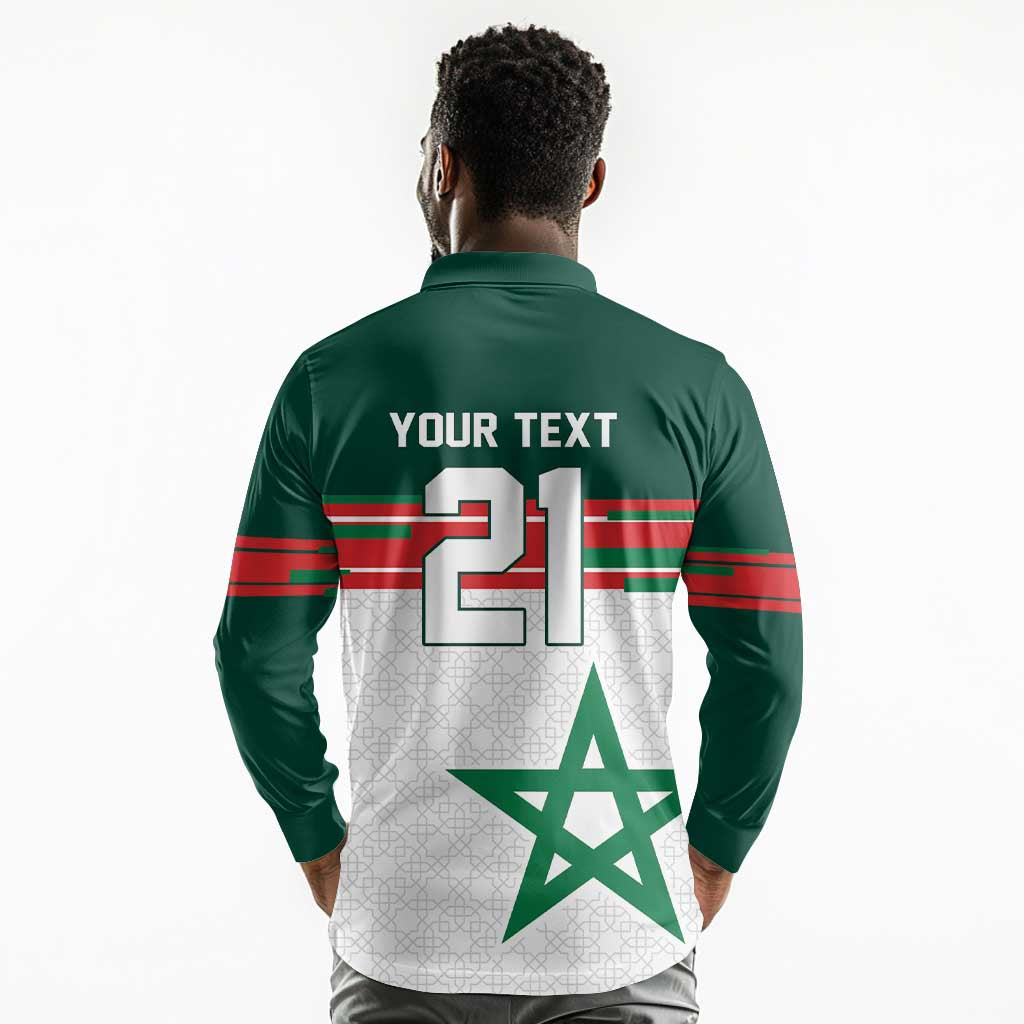 World Football 2026 Morocco Custom Long Sleeve Polo Shirt African Geometric White Pattern - African Pride