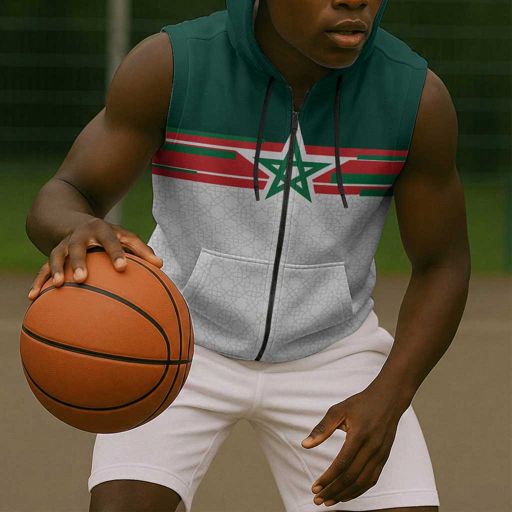 World Football 2026 Morocco Custom Sleeveless Zip Hoodie African Geometric White Pattern - African Pride