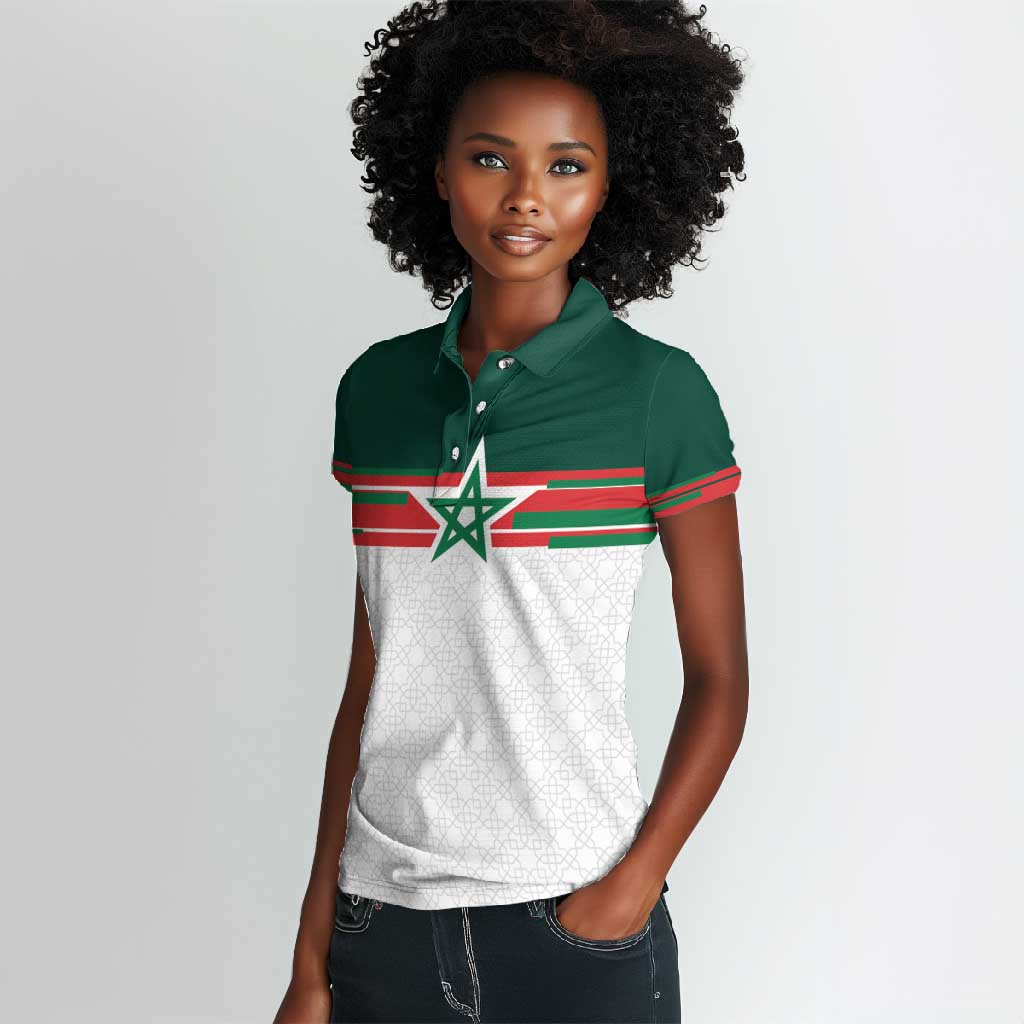 World Football 2026 Morocco Custom Women Polo Shirt African Geometric White Pattern - African Pride