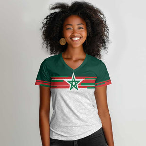 World Football 2026 Morocco Custom Women V-Neck T-Shirt African Geometric White Pattern - African Pride