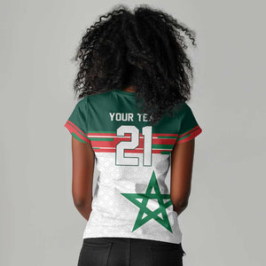 World Football 2026 Morocco Custom Women V-Neck T-Shirt African Geometric White Pattern - African Pride