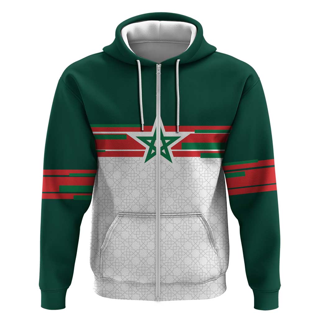 World Football 2026 Morocco Custom Zip Hoodie African Geometric White Pattern - African Pride