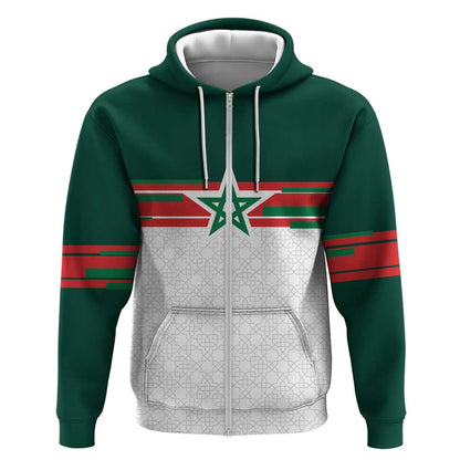 World Football 2026 Morocco Custom Zip Hoodie African Geometric White Pattern - African Pride