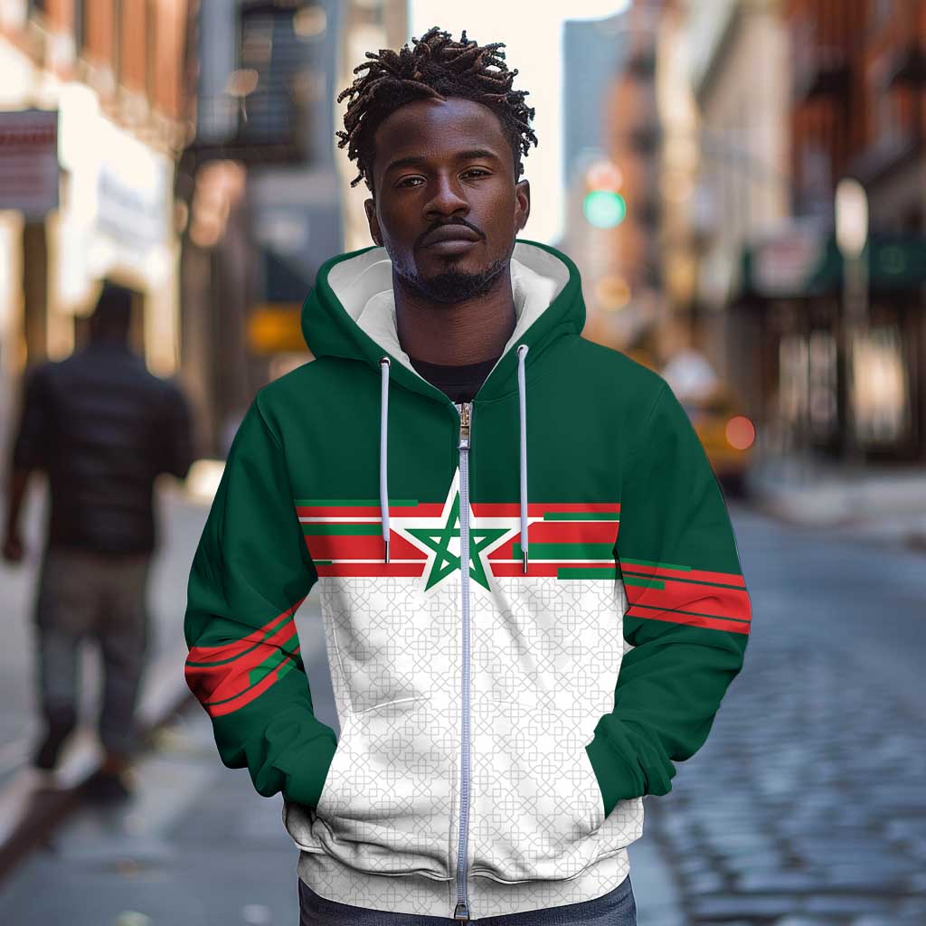 World Football 2026 Morocco Custom Zip Hoodie African Geometric White Pattern - African Pride