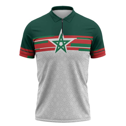 World Football 2026 Morocco Custom Zipper Polo Shirt African Geometric White Pattern - African Pride