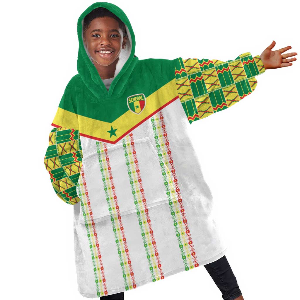 World Football 2026 Senegal Custom Kid Wearable Blanket Hoodie African Kente White Pattern - African Pride