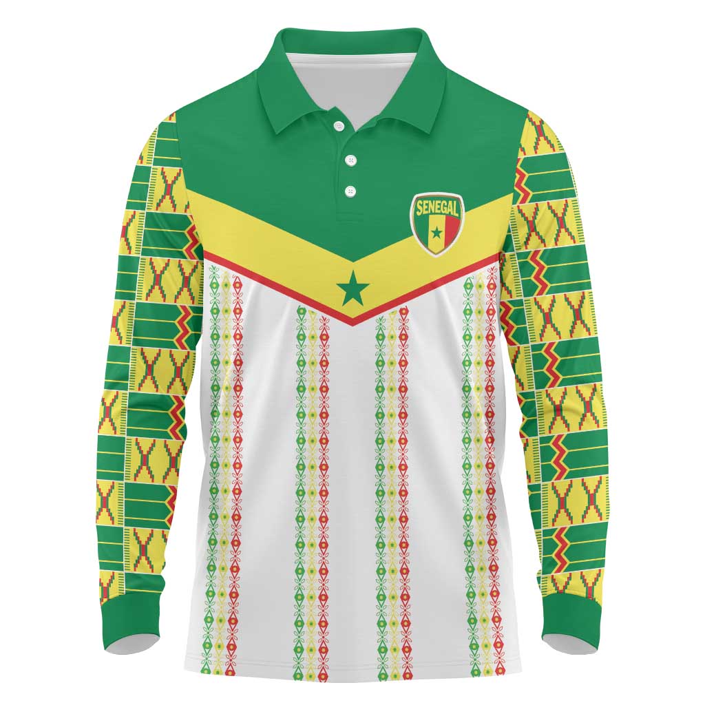 World Football 2026 Senegal Custom Long Sleeve Polo Shirt African Kente White Pattern - African Pride