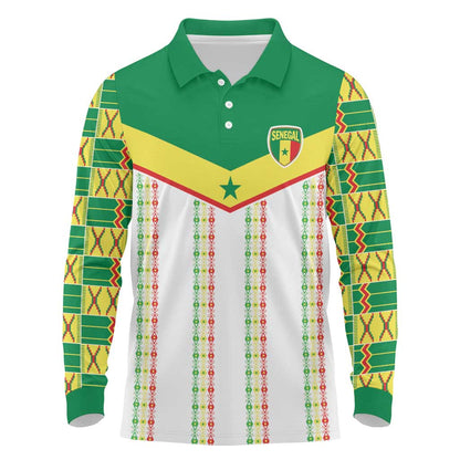 World Football 2026 Senegal Custom Long Sleeve Polo Shirt African Kente White Pattern - African Pride