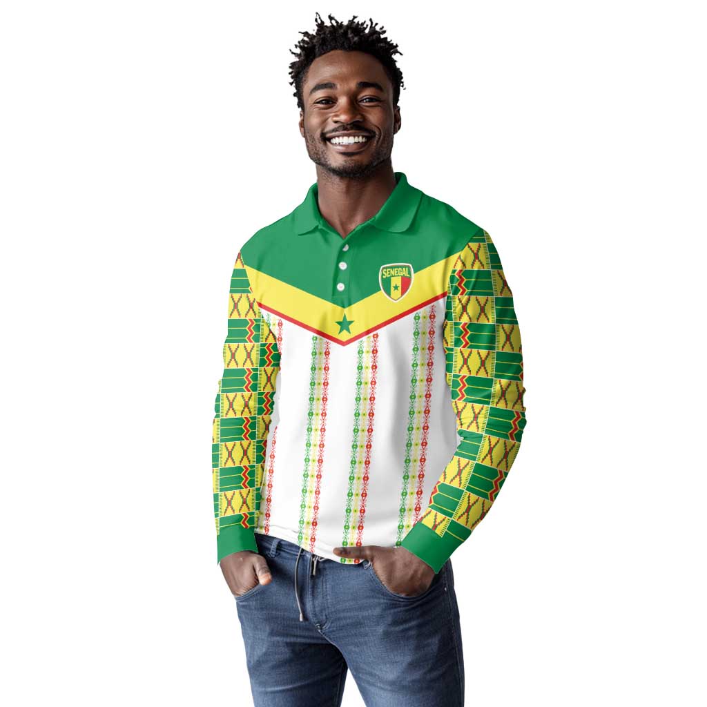World Football 2026 Senegal Custom Long Sleeve Polo Shirt African Kente White Pattern - African Pride