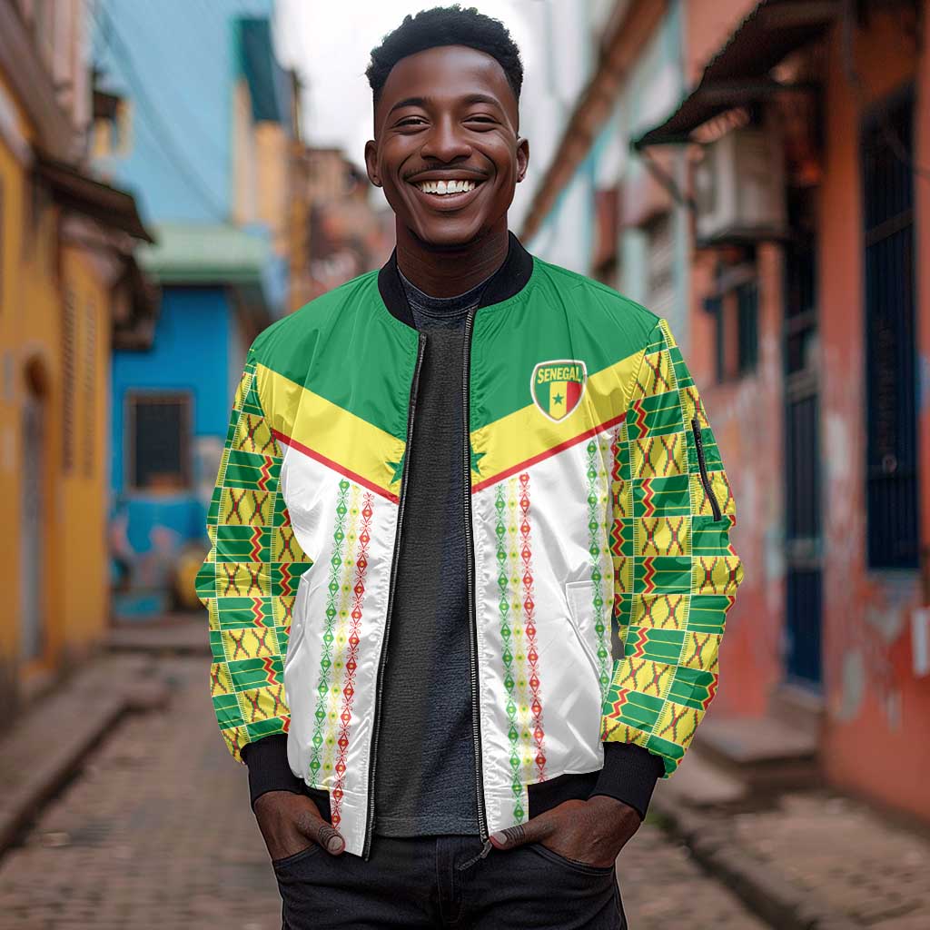 World Football 2026 Senegal Custom Sleeve Zip Bomber Jacket African Kente White Pattern - African Pride
