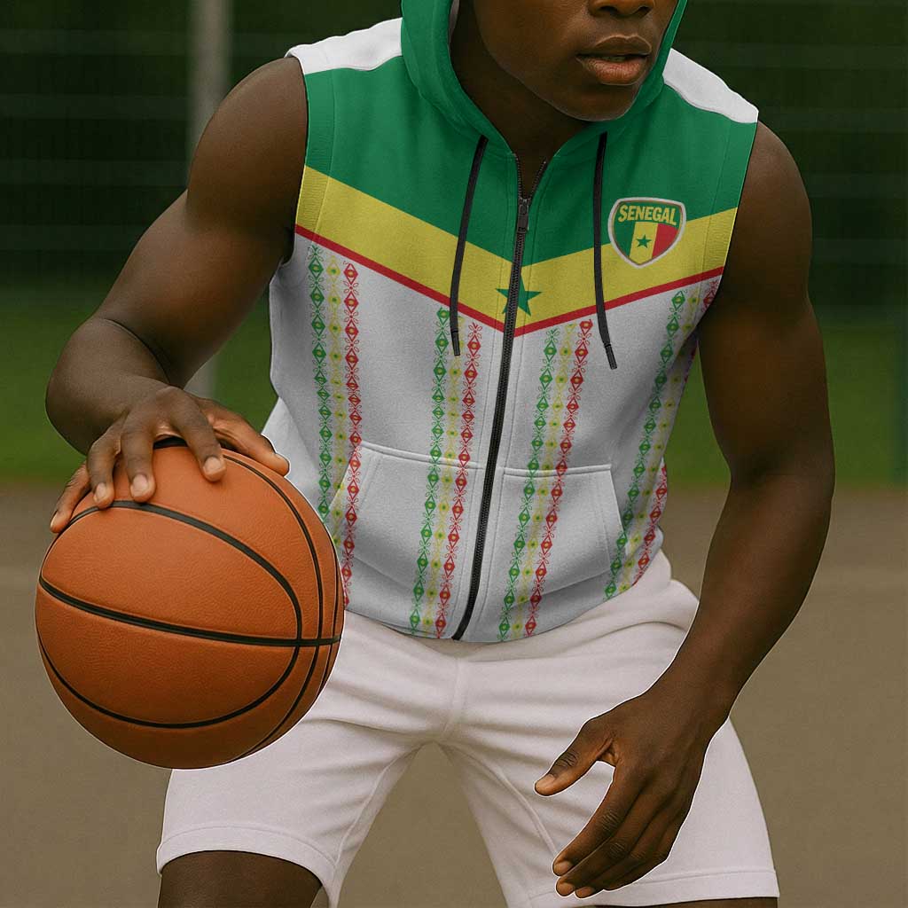 World Football 2026 Senegal Custom Sleeveless Zip Hoodie African Kente White Pattern - African Pride
