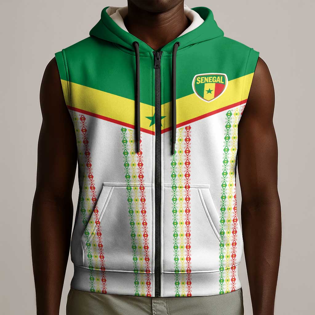World Football 2026 Senegal Custom Sleeveless Zip Hoodie African Kente White Pattern - African Pride