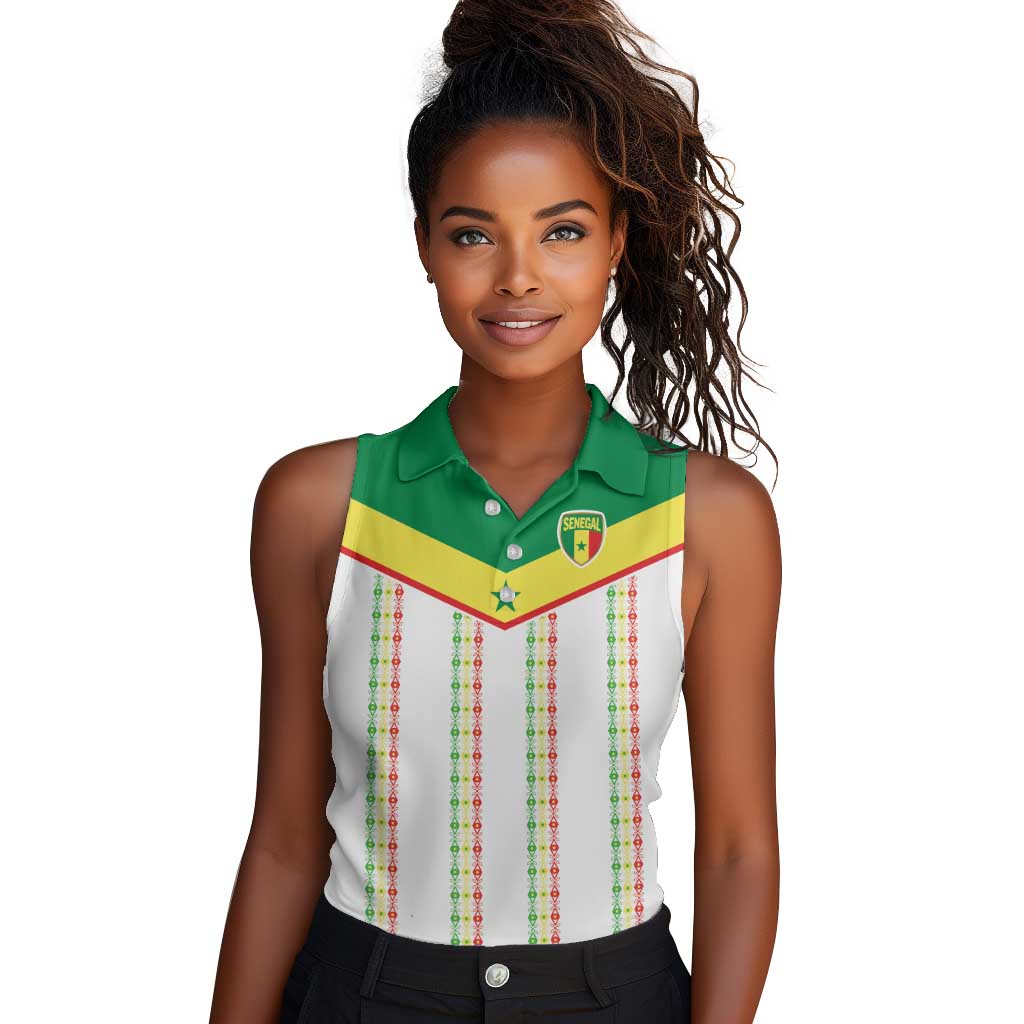 World Football 2026 Senegal Custom Women Sleeveless Polo Shirt African Kente White Pattern - African Pride