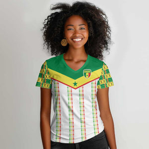 World Football 2026 Senegal Custom Women V-Neck T-Shirt African Kente White Pattern - African Pride