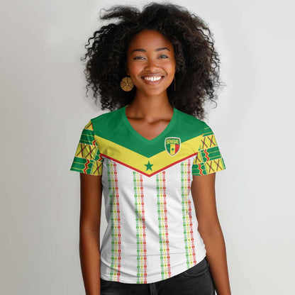 World Football 2026 Senegal Custom Women V-Neck T-Shirt African Kente White Pattern LT9
