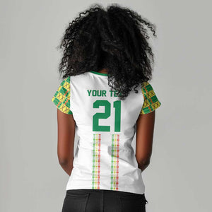 World Football 2026 Senegal Custom Women V-Neck T-Shirt African Kente White Pattern - African Pride