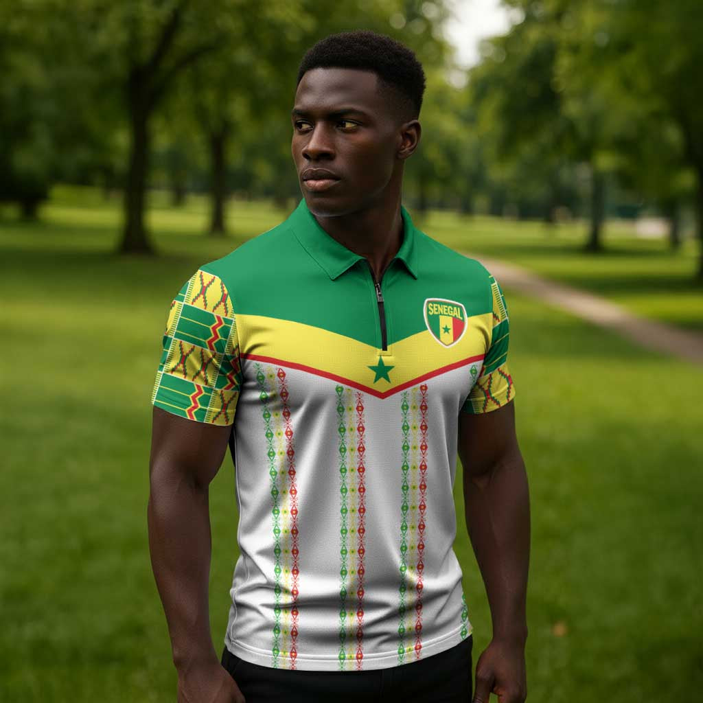 World Football 2026 Senegal Custom Zipper Polo Shirt African Kente White Pattern - African Pride