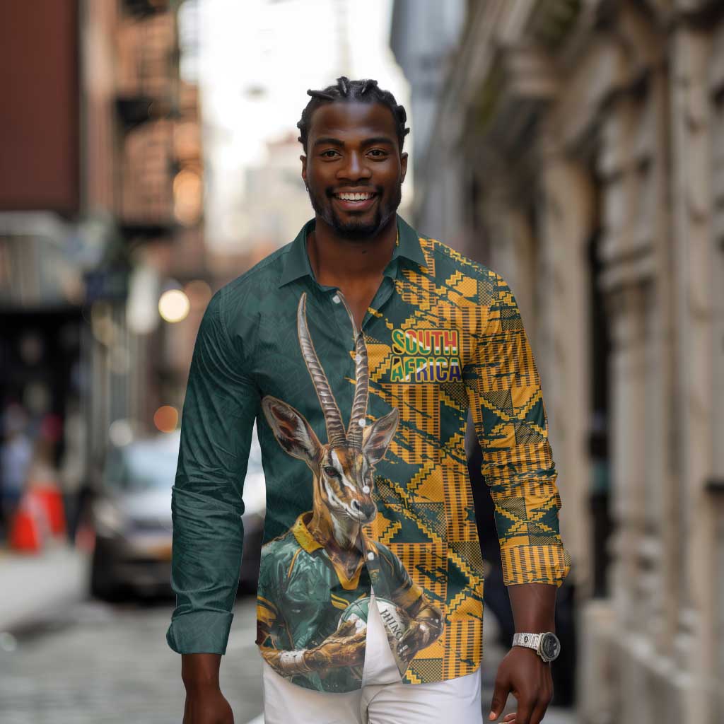 South Africa Rugby Custom Long Sleeve Button Shirt Afro Springboks Mascot Sporty Version
