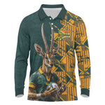 South Africa Rugby Custom Long Sleeve Polo Shirt Afro Springboks Mascot Sporty Version
