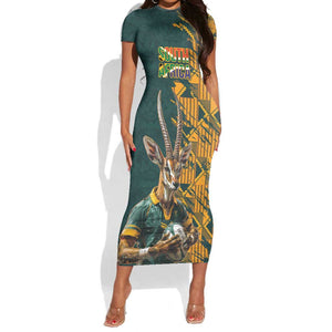 South Africa Rugby Custom Short Sleeve Bodycon Dress Afro Springboks Mascot Sporty Version LT9