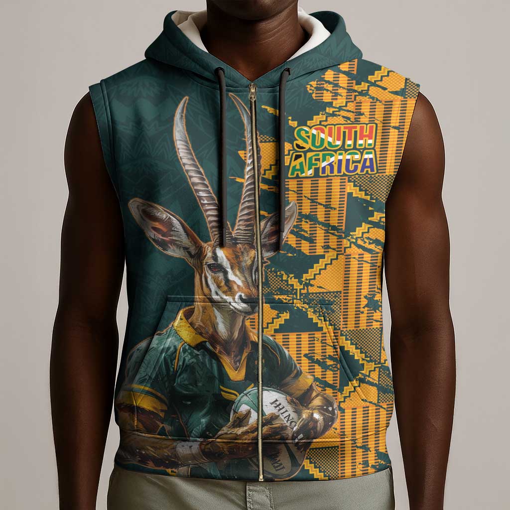South Africa Rugby Custom Sleeveless Zip Hoodie Afro Springboks Mascot Sporty Version - African Pride