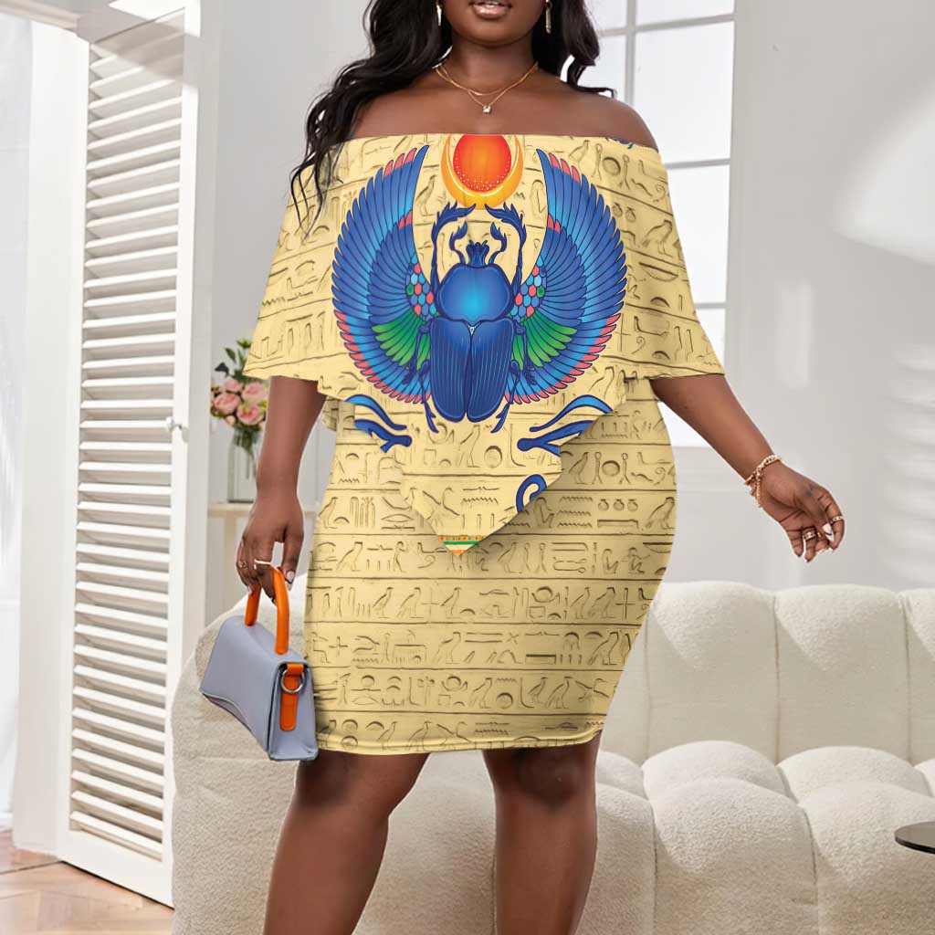 Ancient Egypt Scarab Beetle Off Shoulder Short Dress