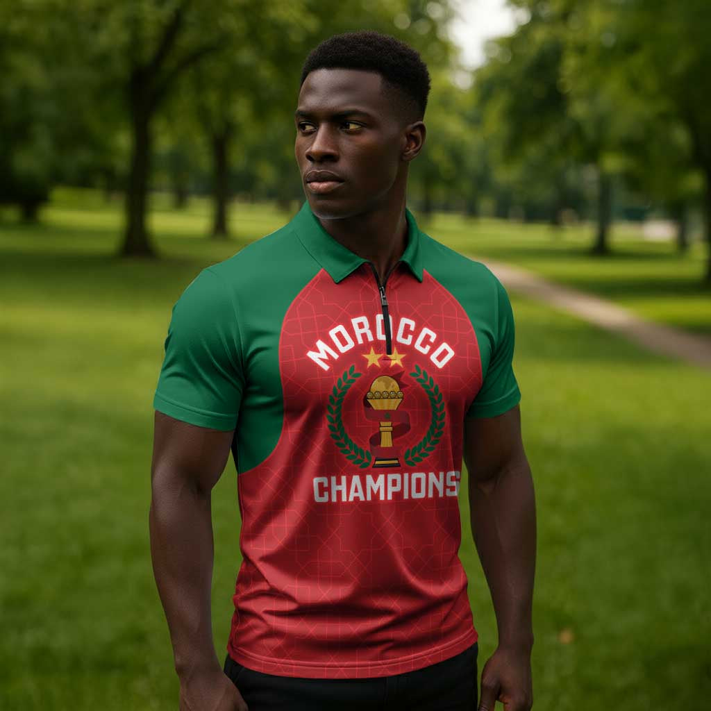 Custom Morocco Atlas Lions Zipper Polo Shirt African Football Champions 2025